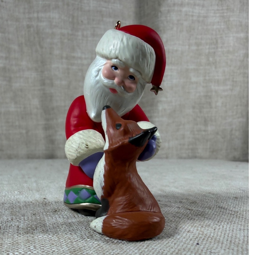 Vintage Santa Claus with Red Fox Christmas Ornament Figurine